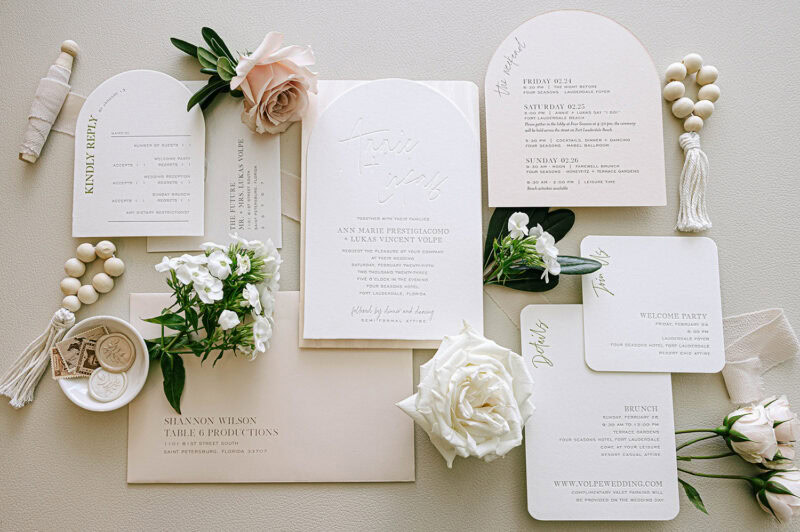 Elegant wedding invitation suite with floral accents and stationery.