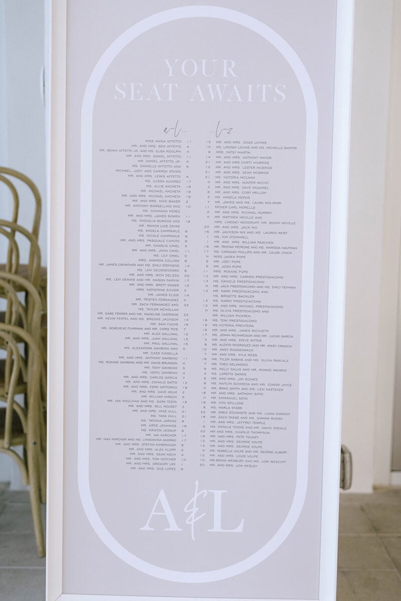 Seating chart with guest names and table assignments for a wedding reception.