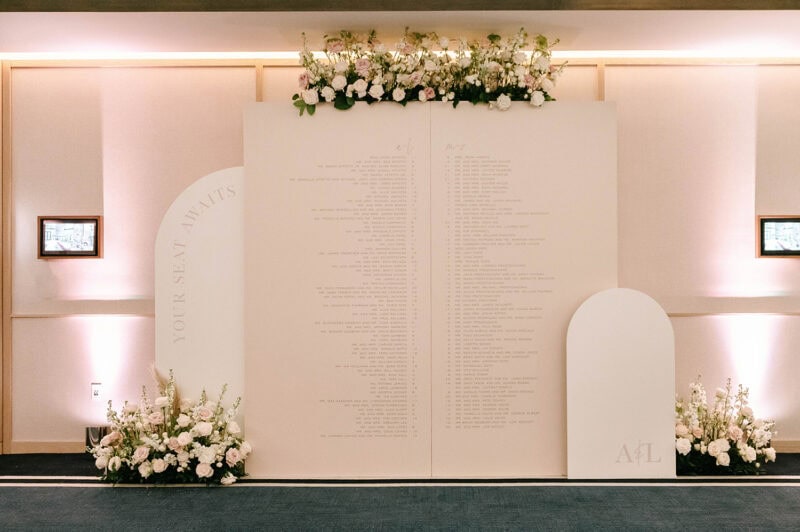 Wedding seating chart display for a wedding reception.