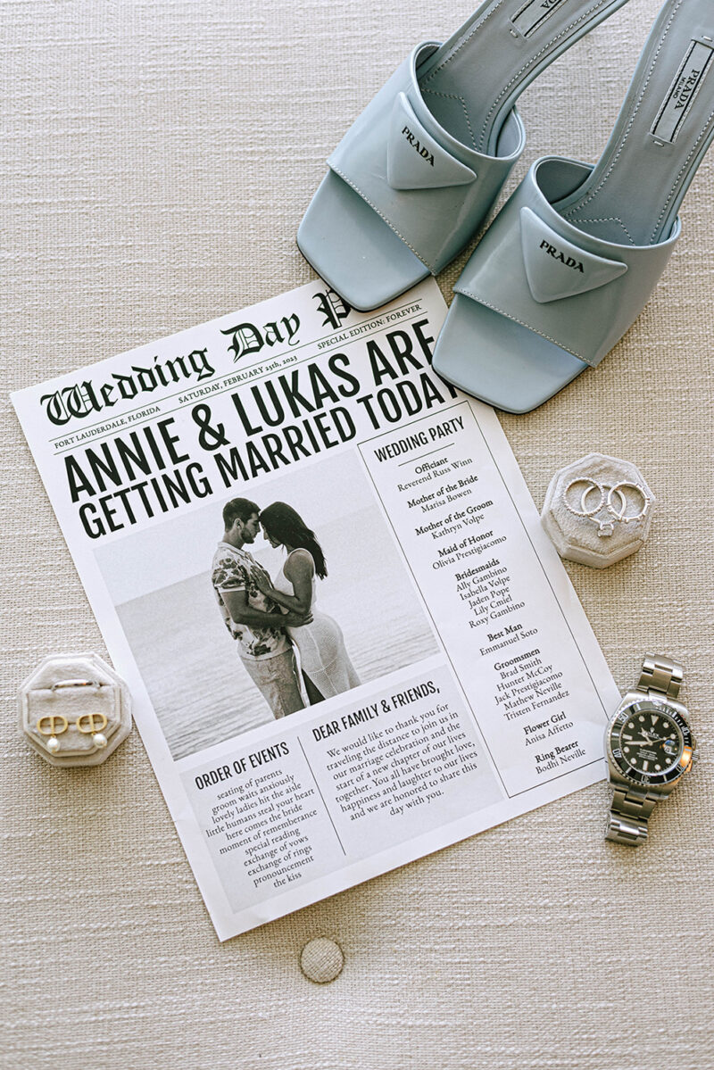 Wedding newspaper featuring Annie & Lukas' marriage announcement and event details.