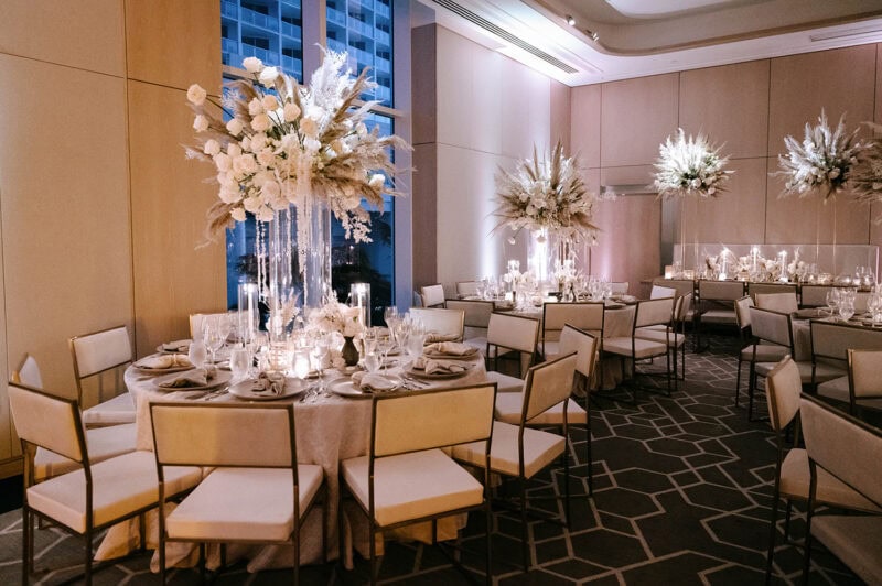 Elegant wedding reception with floral centerpieces and soft lighting.