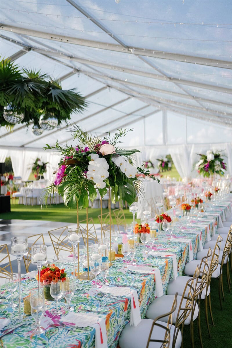 Beautifully decorated wedding reception with floral centerpieces and colorful table settings.