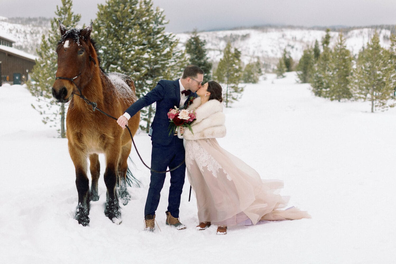 Wedding couple kissing with horse in snow-covered field.