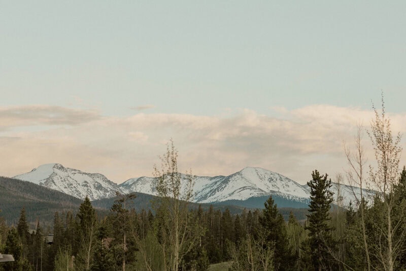 Scenic mountain view featuring snow-covered peaks and lush green trees in the foreground. Perfect fo.