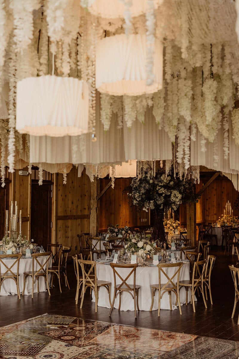 Beautiful wedding reception setup with floral decor and soft lighting.